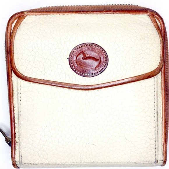 Vintage Dooney & Bourke Square Zip-Along Wallet Crossbody in Bone  & Bri… - Picture 1 of 1